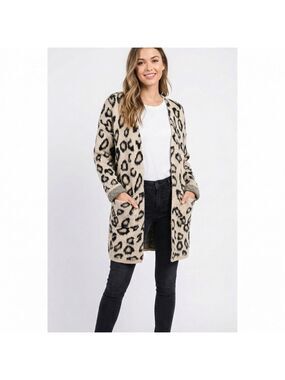LABEL OF LOVE Leopard Print Textured Open Front Cardigan w/ Pockets US Sz M/L